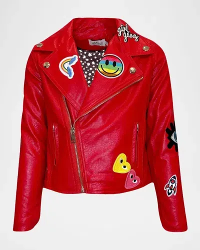 Lola + The Boys Kids' Girl's Out Of This World Patched Vegan Leather Moto Jacket In Red