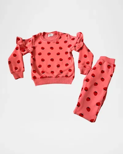 Lola + The Boys Kids' Girl's Strawberry-print Ruffle Two-piece Set In Pink