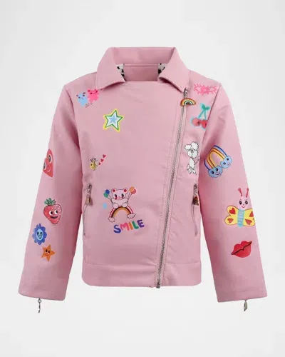 Lola + The Boys Kids' Girl's Vegan Leather Moto Jacket W/ Graphic Doodles In Pink