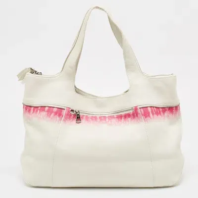 Pre-owned Longchamp White/fuchsia Leather Zip Details Tote