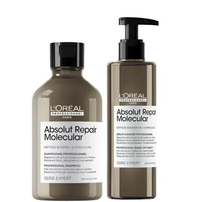 L'oreal Professionnel Absolut Repair Molecular Shampoo 300ml & Rinse Off Serum 250ml Set For Damaged Hair In White