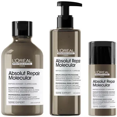 L'oreal Professionnel Absolut Repair Molecular Shampoo 300ml, Rinse Off Serum Conditioner Treatment 250ml & Leave In Mask In White