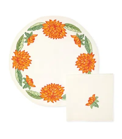 Loretta Caponi Embroidered Dahlia Placemat & Napkin In Multi