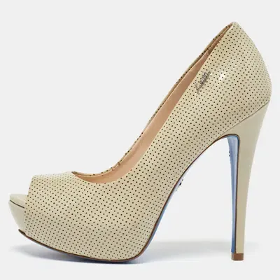 Pre-owned Loriblu Beige Perforated Patent Leather Peep Toe Platform Pumps Size 37