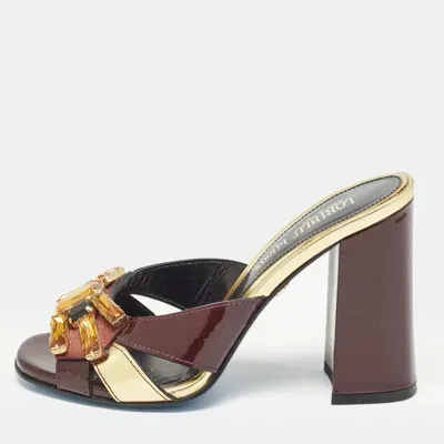 Pre-owned Loriblu Dark Brown/gold Patent And Leather Crystal Embellished Slide Sandals Size 36