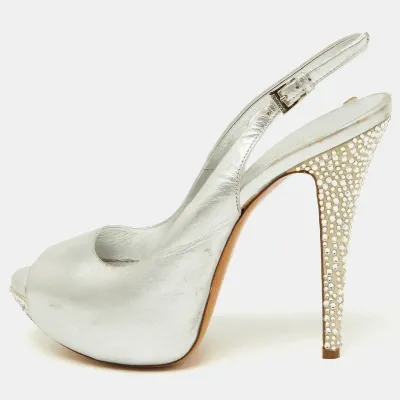 Pre-owned Loriblu Metallic Silver Leather Crystal Embellished Slingback Platform Pumps Size 39.5