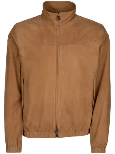 Loro Piana Leather Bomber Jacket In Neutrals