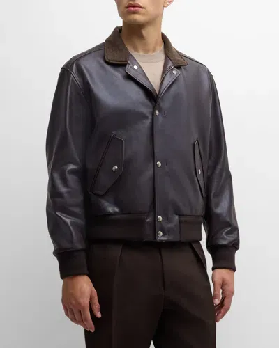 Loro Piana Johnie Leather Bomber Jacket In Brown