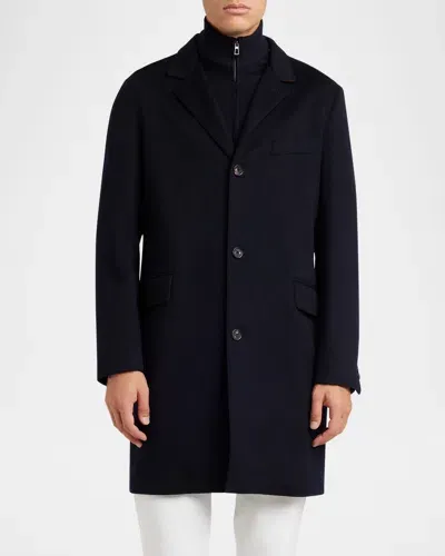 Loro Piana Men's Martingala Cashmere Overcoat With Inset Zip In Blue Navy