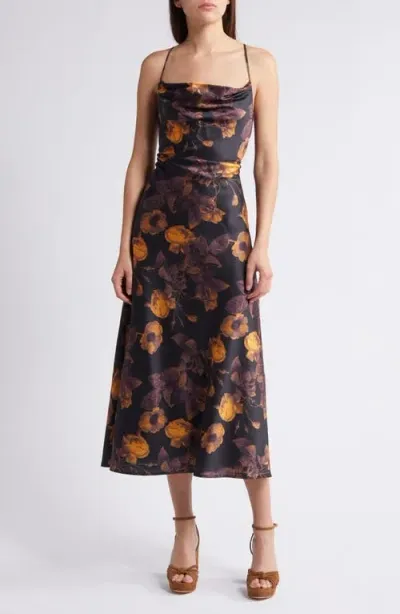 Lost + Wander Amberlust Floral Square Neck Satin Midi Dress In Black Multi Floral