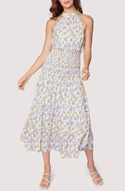 Lost + Wander Dazzling Bloom Smocked Bodice Midi Dress In Light Blue Floral