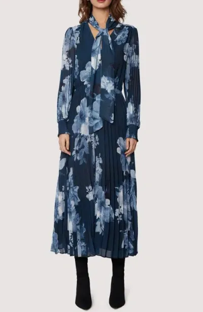 Lost + Wander Josephine Floral Pleated Tie Neck Long Sleeve Dress In Blue Grey Floral