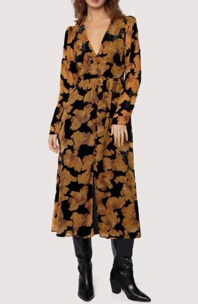 Lost + Wander Massimo Floral Long Sleeve Velvet Burnout Shirtdress In Black Gold