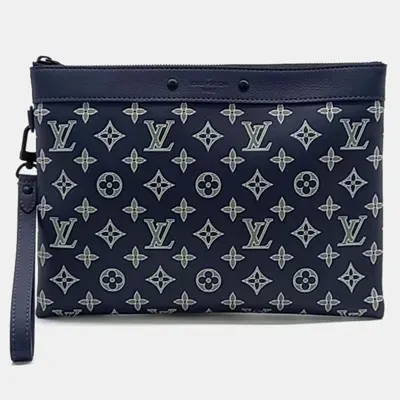 Pre-owned Louis Vuitton Monogram Shadow Pochette Togo Bag In Navy Blue