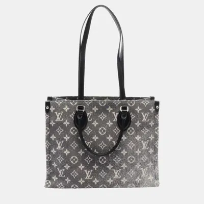 Pre-owned Louis Vuitton On The Go Mm Denim Leather Monogram Black White Tote Bag