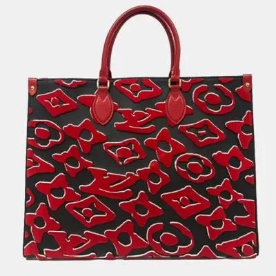 Pre-owned Louis Vuitton Red On The Go Gm Taffeta Tote Bag In Black