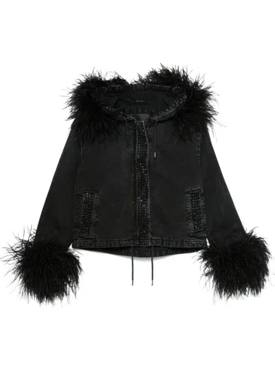 Loulou Feather-trim Denim Jacket In Black