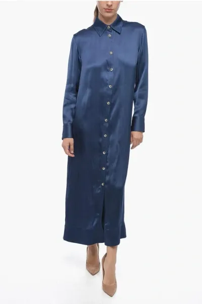 Loulou Studio Long Sleeve Satin Shirt Dress In Blue