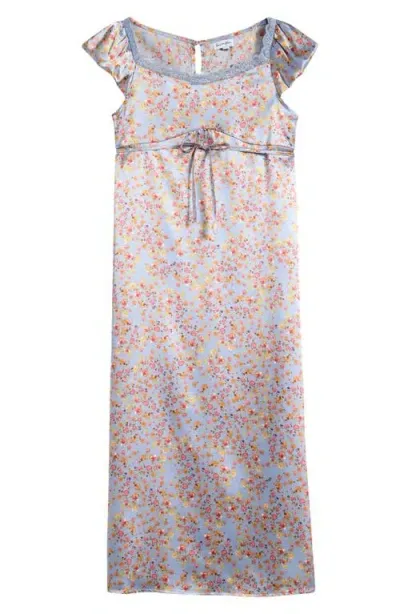 Love, Fire Kids' Floral Puff Sleeve Satin Maxi Dress In Zen Blue Ditsy