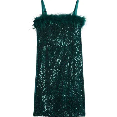 Love, Nickie Lew Kids' Feather Trim Sequin Shift Dress In Emerald