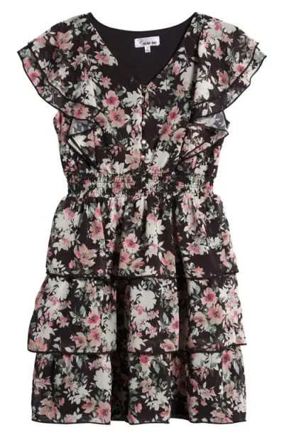 Love, Nickie Lew Kids' Floral Tiered Dress In Black/multi