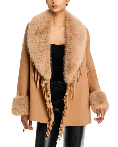 Love Token Faux Fur Collar Fringe Wrap Coat In Camel