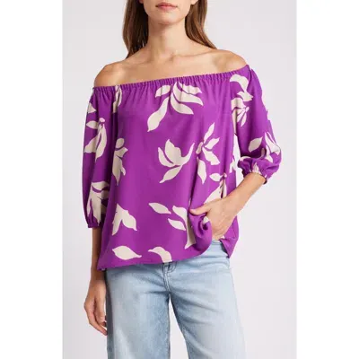 Loveappella Floral Print Off The Shoulder Top In Violet Natural