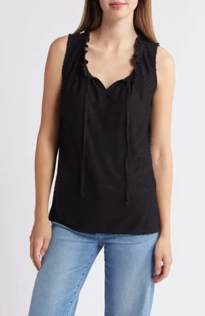 Loveappella Tie Neck Swiss Dot Sleeveless Knit Top In Black