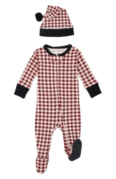 L'ovedbaby Holiday Organic Cotton Pompom Cap & Zip Footie Set In Crimson Plaid