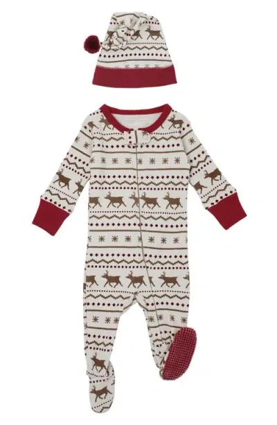 L'ovedbaby Holiday Organic Cotton Pompom Cap & Zip Footie Set In Fair Isle Rudolph