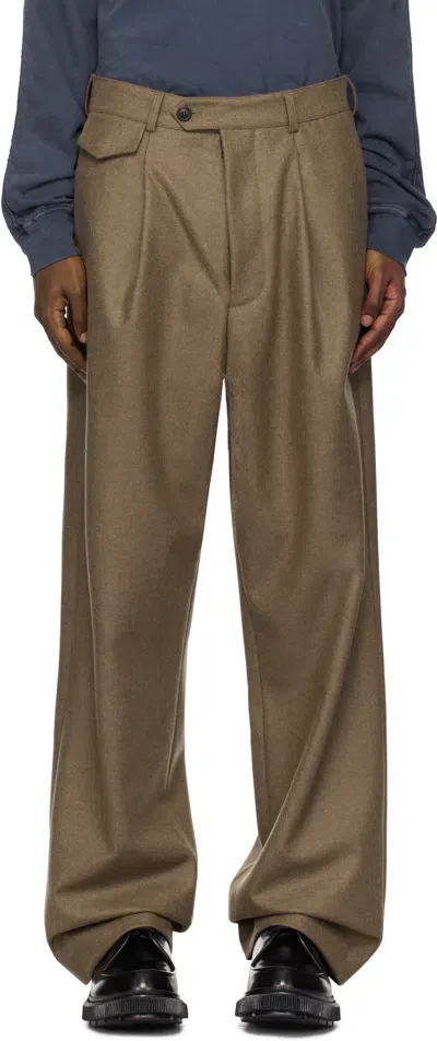 Lownn Taupe Flannel Wool Wide Trousers In Greige