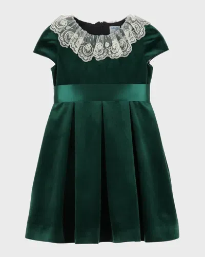 Luli & Me Kids' Girl's Pleated Lace-trim Velvet Dress In Green