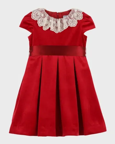 Luli & Me Kids' Girl's Pleated Lace-trim Velvet Dress In Red