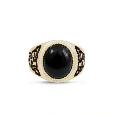 Luvmyjewelry Black Onyx Sterling Silver Men Signet Ring With Enamel In 14kt Gold Vermeil On Sterling