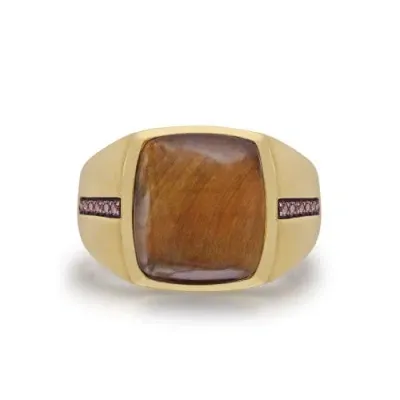 Luvmyjewelry Chatoyant Yellow Tiger Eye Silver Diamond Men Signet Ring In 14kt Gold Vermeil On Sterling