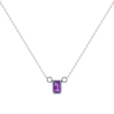 Luvmyjewelry Emerald Cut Amethyst & Diamond Birthstone Necklace In White Gold