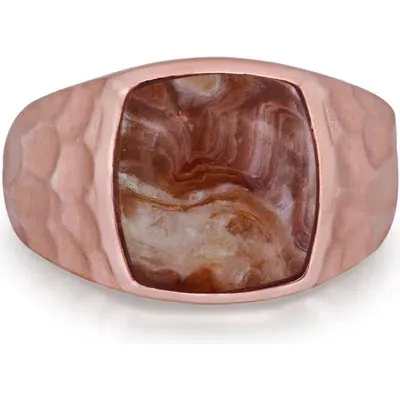 Luvmyjewelry Red Lace Agate Sterling Silver Textured Men Signet Ring In 14kt Rose Gold Vermeil