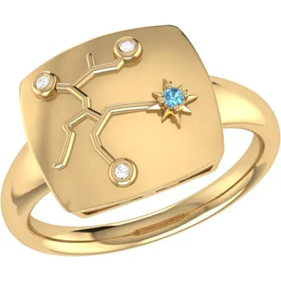 Luvmyjewelry Sagittarius Blue Topaz & Diamond Signet Ring In 14kt Gold Vermeil On Sterling