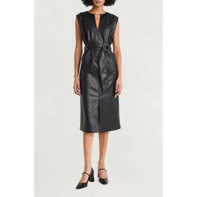 Luxely Faux Leather Belted Midi Dress In Black