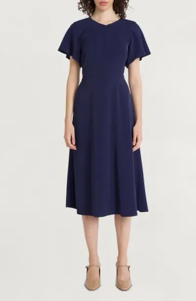 Luxely Flutter Sleeve Midi Dress In Evening Blue