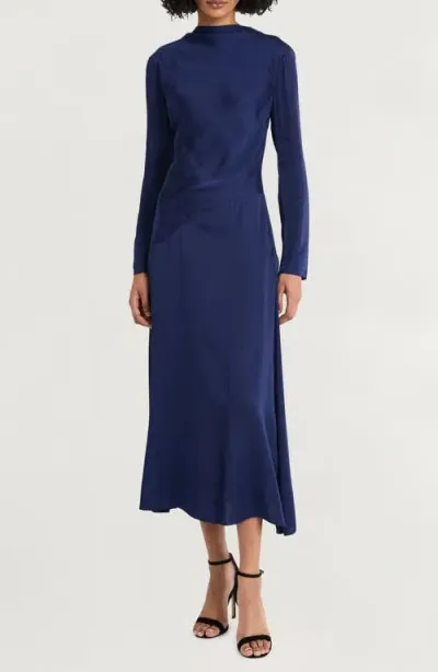 Luxely Funnel Neck Long Sleeve Midi Dress In Evening Blue