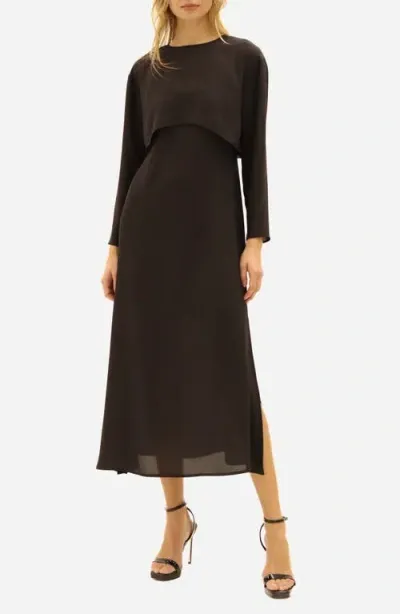 Luxely Long Sleeve Georgette Midi Dress In Meteorite