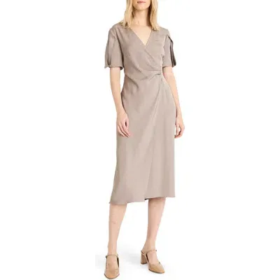 Luxely Pleated High-low Dress In Taupe Gray