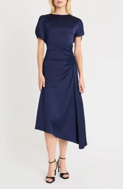 Luxely Short Sleeve Asymmetric Draped Midi Dress In Inkling