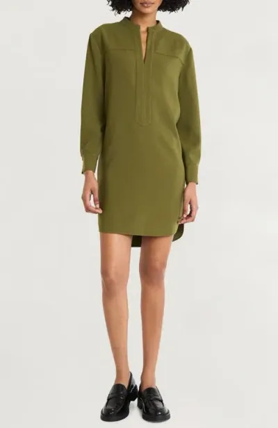 Luxely Split Neck Long Sleeve Shift Dress In Winter Moss