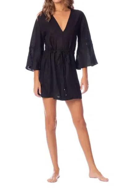 Maaji Jade Joy Bell Sleeve Linen Cover-up Minidress In Black