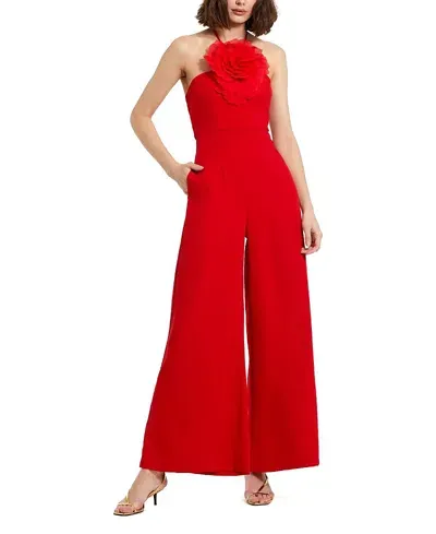 Mac Duggal Flower Embellished Crepe Halter Neck Jumpsuit In Cherry