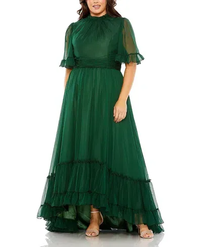 Mac Duggal High Neck Flutter Sleeve Ruffle Tiered High Low Plus Size Gown In Emerald