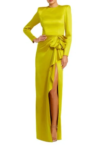 Mac Duggal Satin Bow Long Sleeve Column Gown In Chartreuse