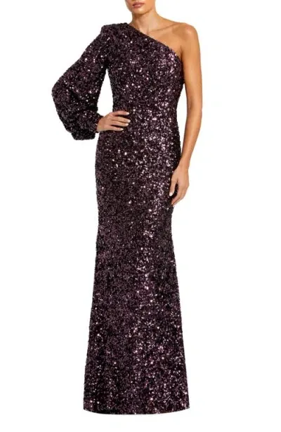 Mac Duggal Sequin One-shoulder Column Gown In Aubergine